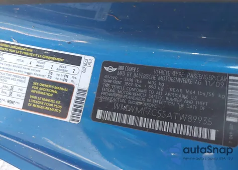 2010 Mini Cooper S from USA, damaged, VIN WMWMF7C55ATW89935